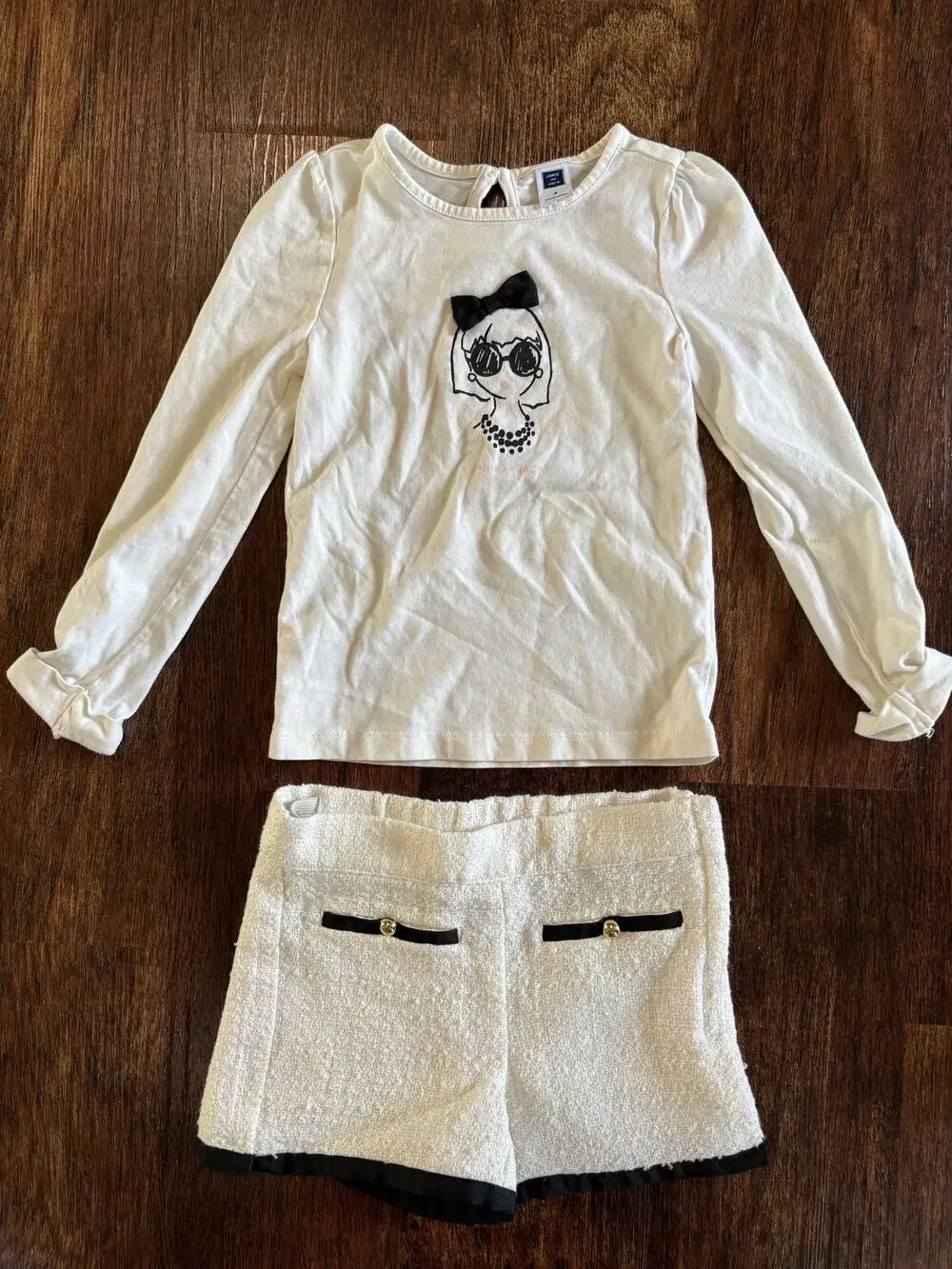 Janie And Jack Girl 2-Piece Outfit Set White Navy Blue Graphic Top Shorts Size 4